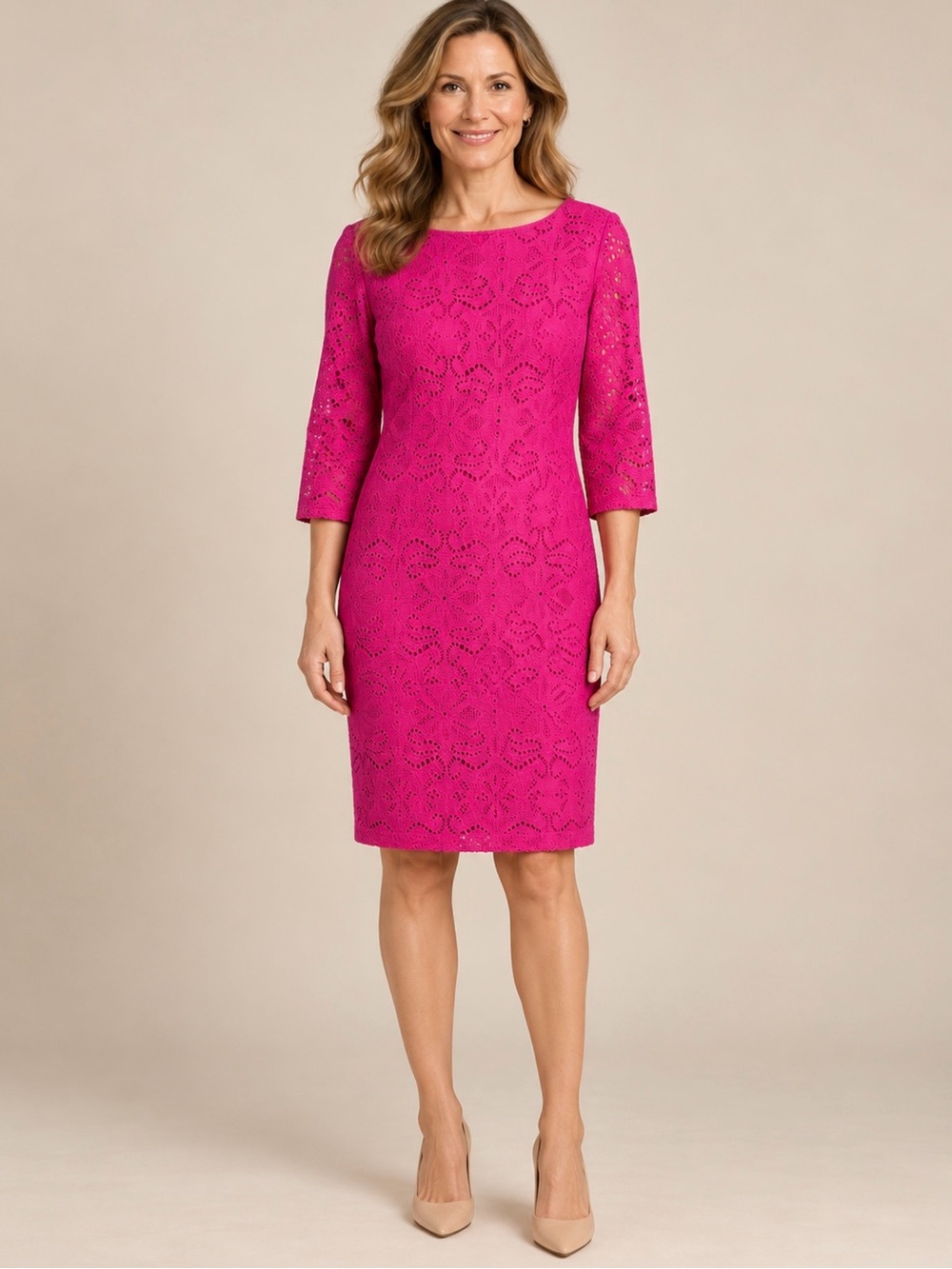 Chico’s vestido fucsia de encaje calado, manga 3/4, talla (S) O